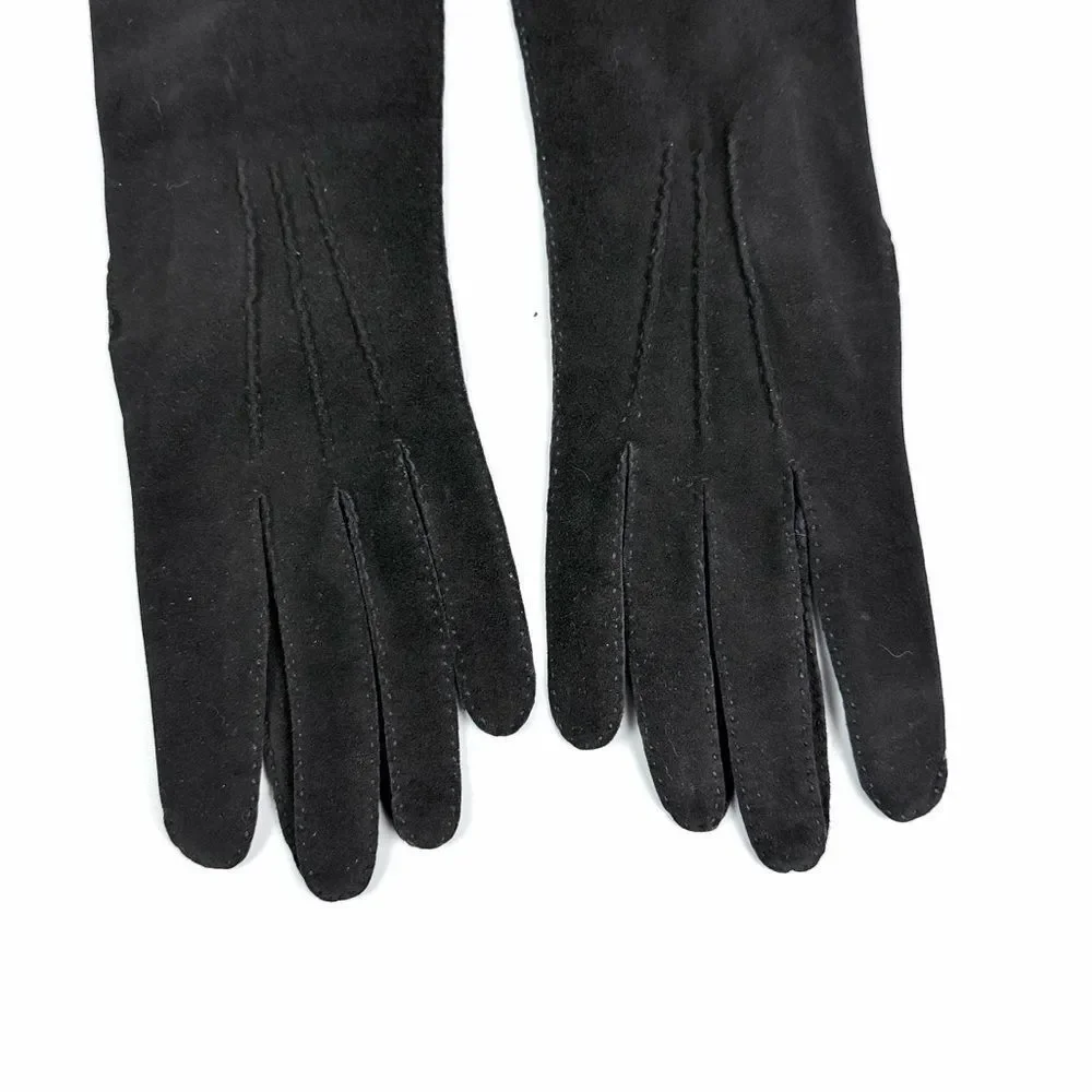 Bamberger's Black Washable Suede Long Gloves Vintage made in France Women's sz 7